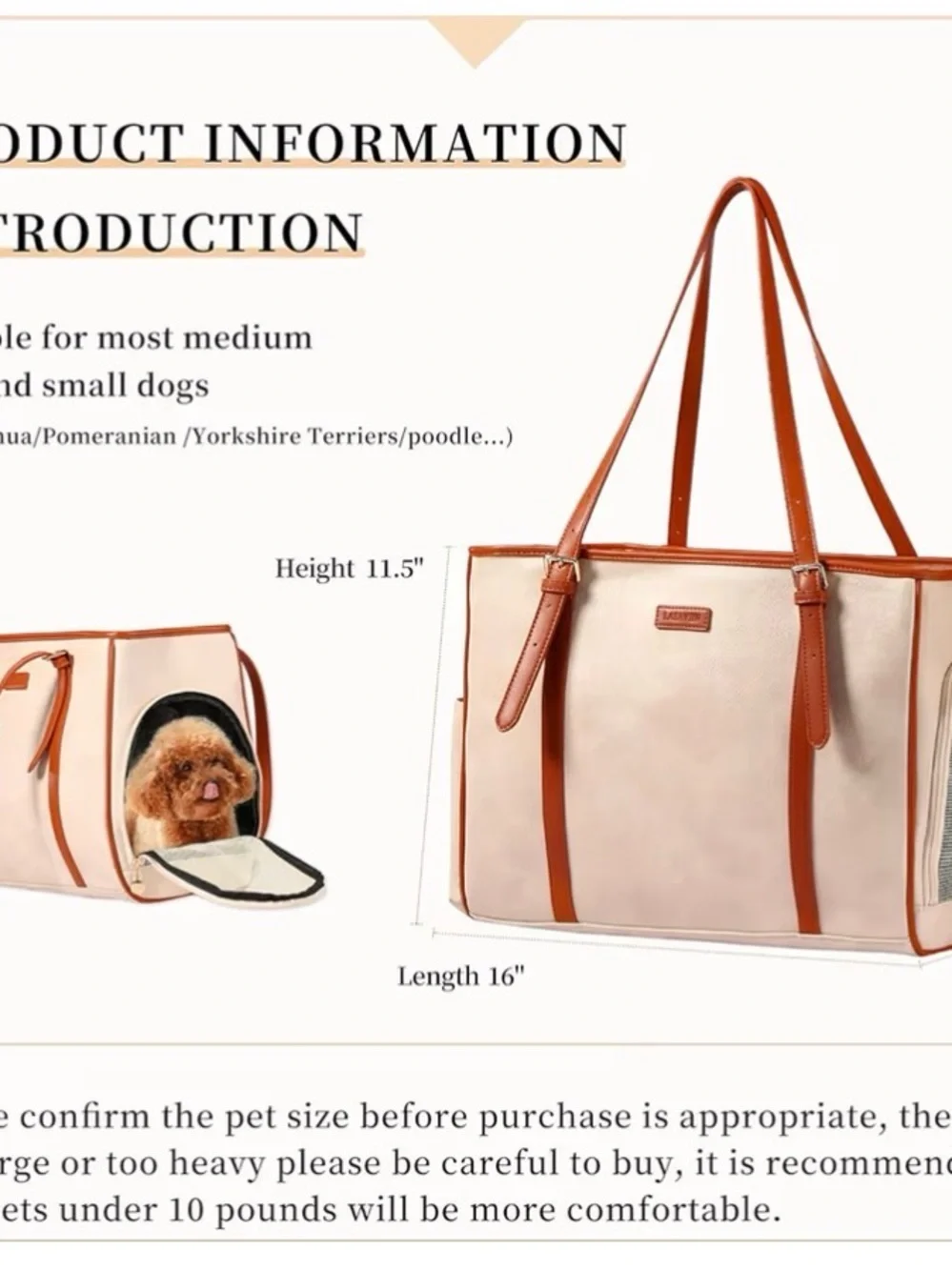 LASAVIN Soft-Sided Pet Carrier Tote Cream & Brown Small Dog/Cat Travel Bag